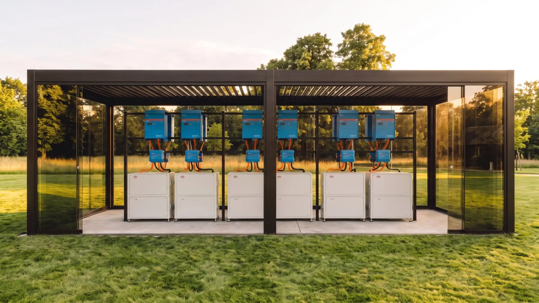 A long mirror-clad Pratic Connect pergola on a country-house lawn with a row of Always Energy nodes inside
