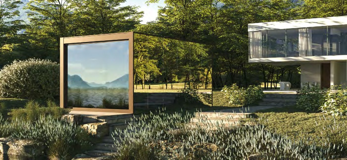 A mirror-clad pergola in a garden