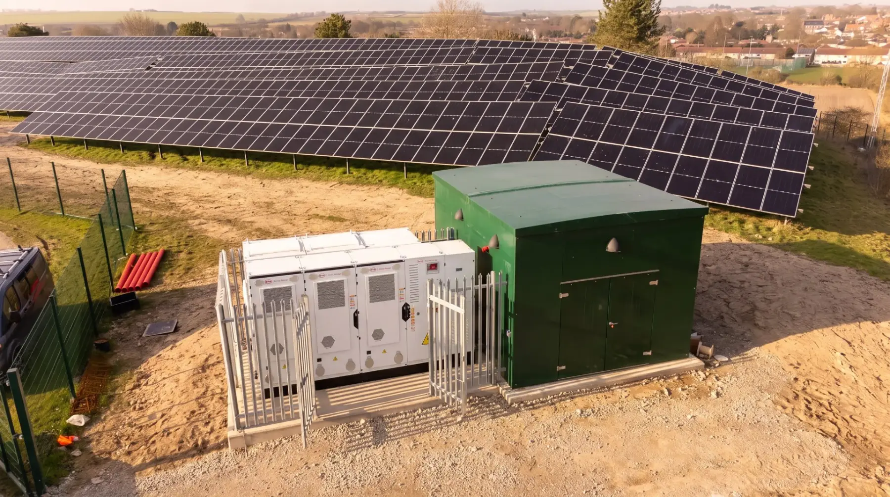 Drone view of a ground-mount solar field beside a fenced battery compound in the UK